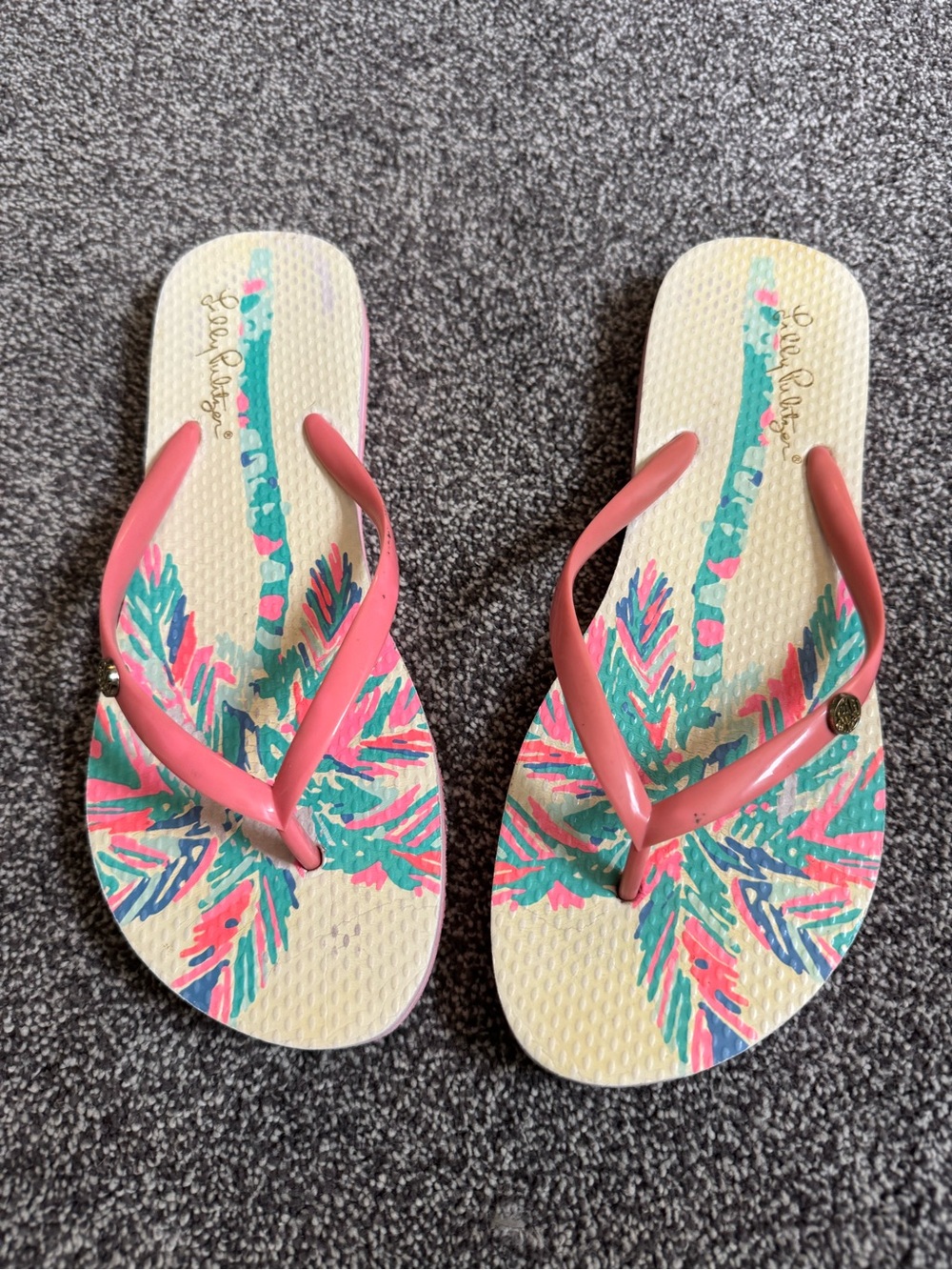Lilly Pulitzer Flip Flops with Pink Straps and Tropical Print